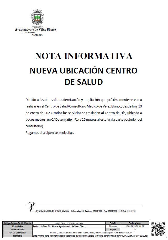 Nota Informativa Centro de Salud